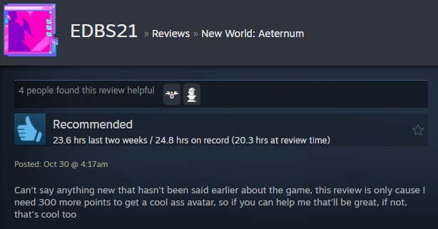 Image of the article titled New World: Eternal, as described in a Steam review